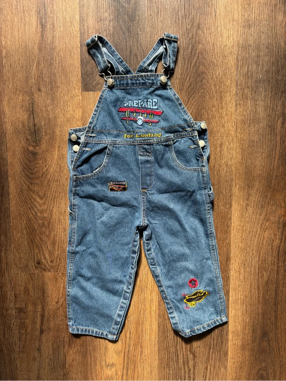 Kids Vintage Denim Airplane Overalls with Airplane Embroideries size T3